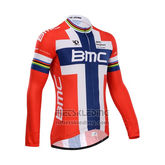 2014 Fietskleding BMC Kampioen Noorwegen Blauw en Rood Lange Mouwen en Koersbroek